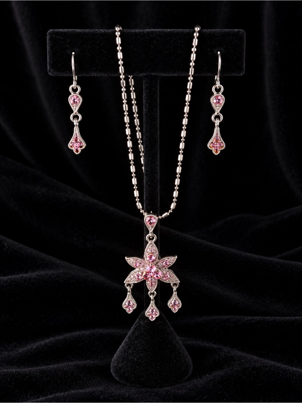 Delicate Pink Crystal Flower Pendant Necklace with Matching Earrings